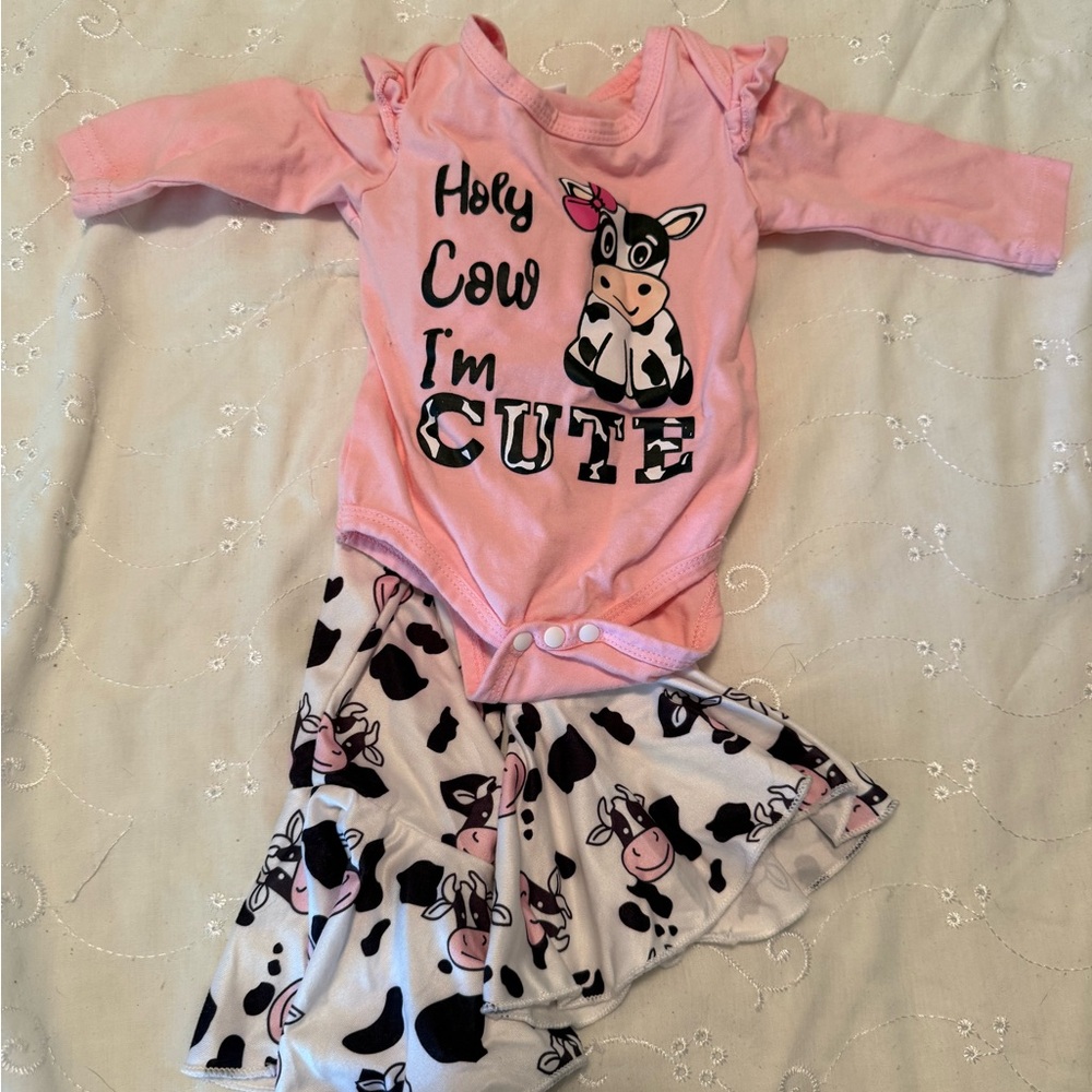 Pink Baby Bodysuit and Bellbottom Set with Cow Print
